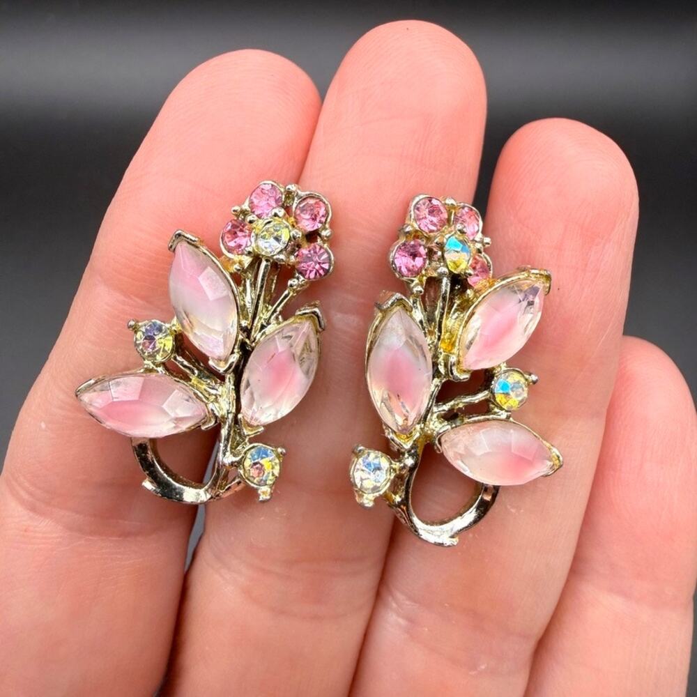 Vintage Pink Givre Navette Rhinestone Flower Screw Back Earrings Floral AB